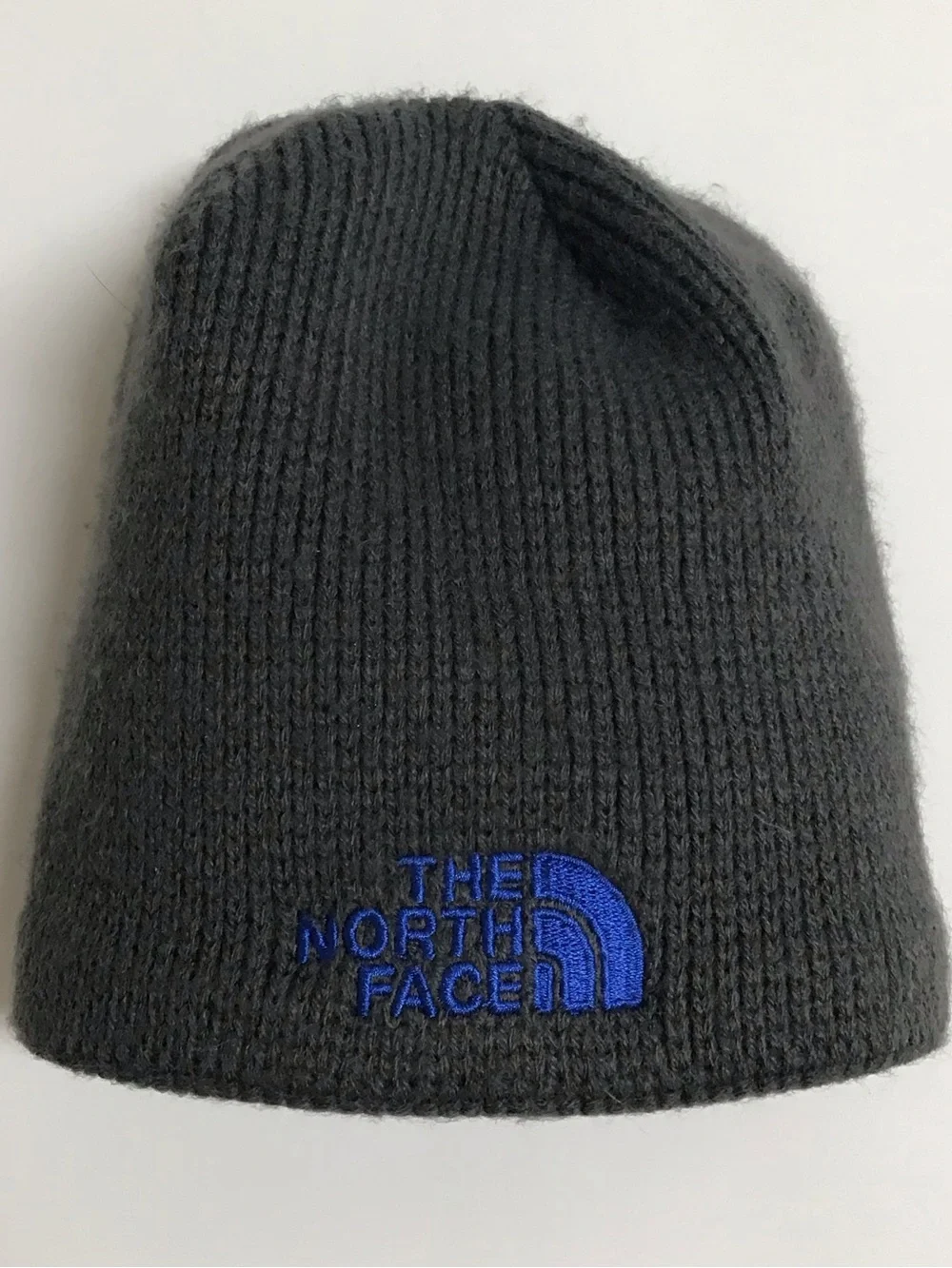 The North Face Beanie Hat Youth/Junior Medium Gray Cobalt Blue Logo Fleece Liner